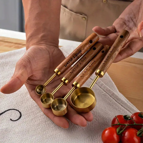 4-piece gold-plated stainless steel measuring spoon set with acacia wood handles-perfect for Cooking & Baking wiktra