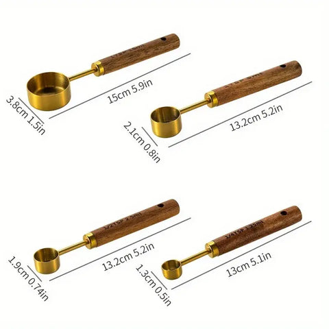 4-piece gold-plated stainless steel measuring spoon set with acacia wood handles-perfect for Cooking & Baking wiktra