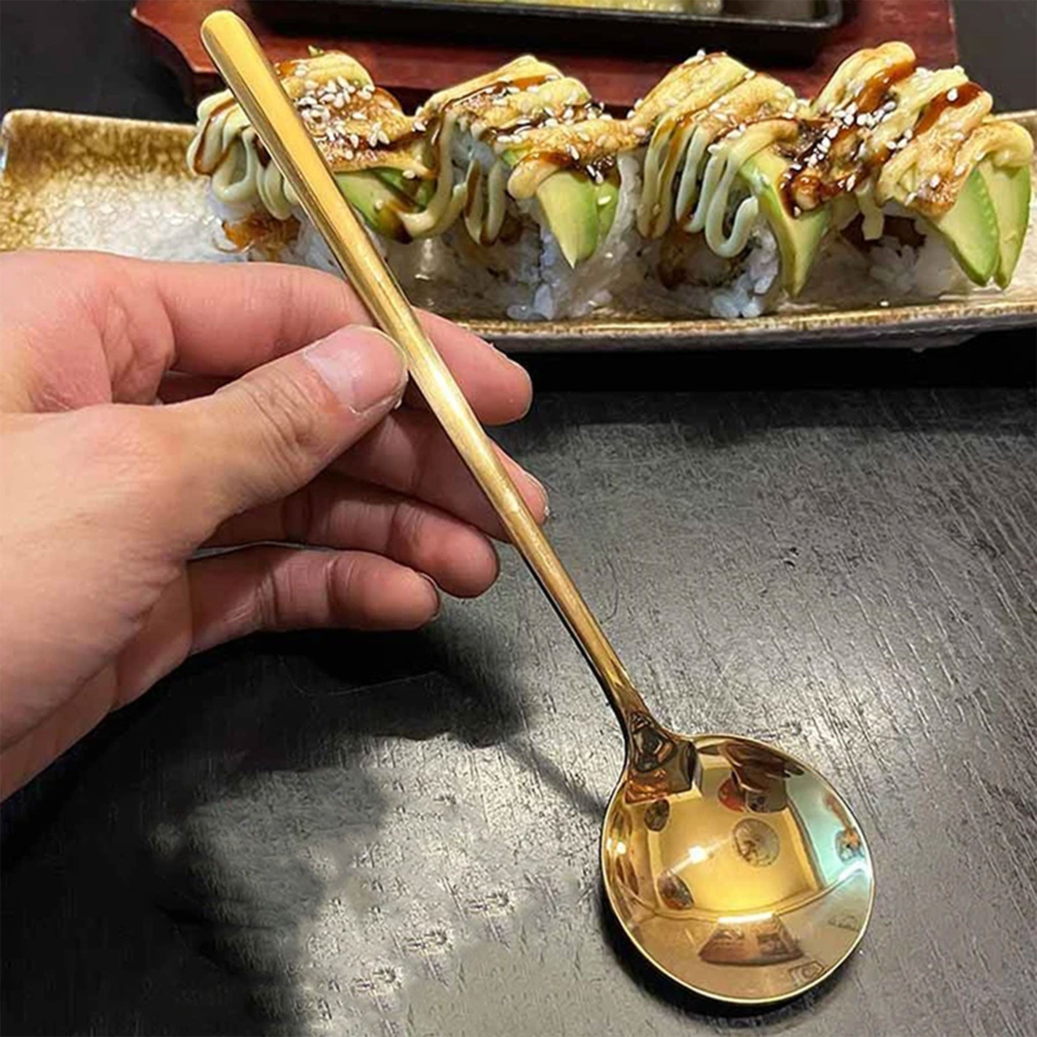 Golden Stainless Steel Long Handle Dessert Spoon