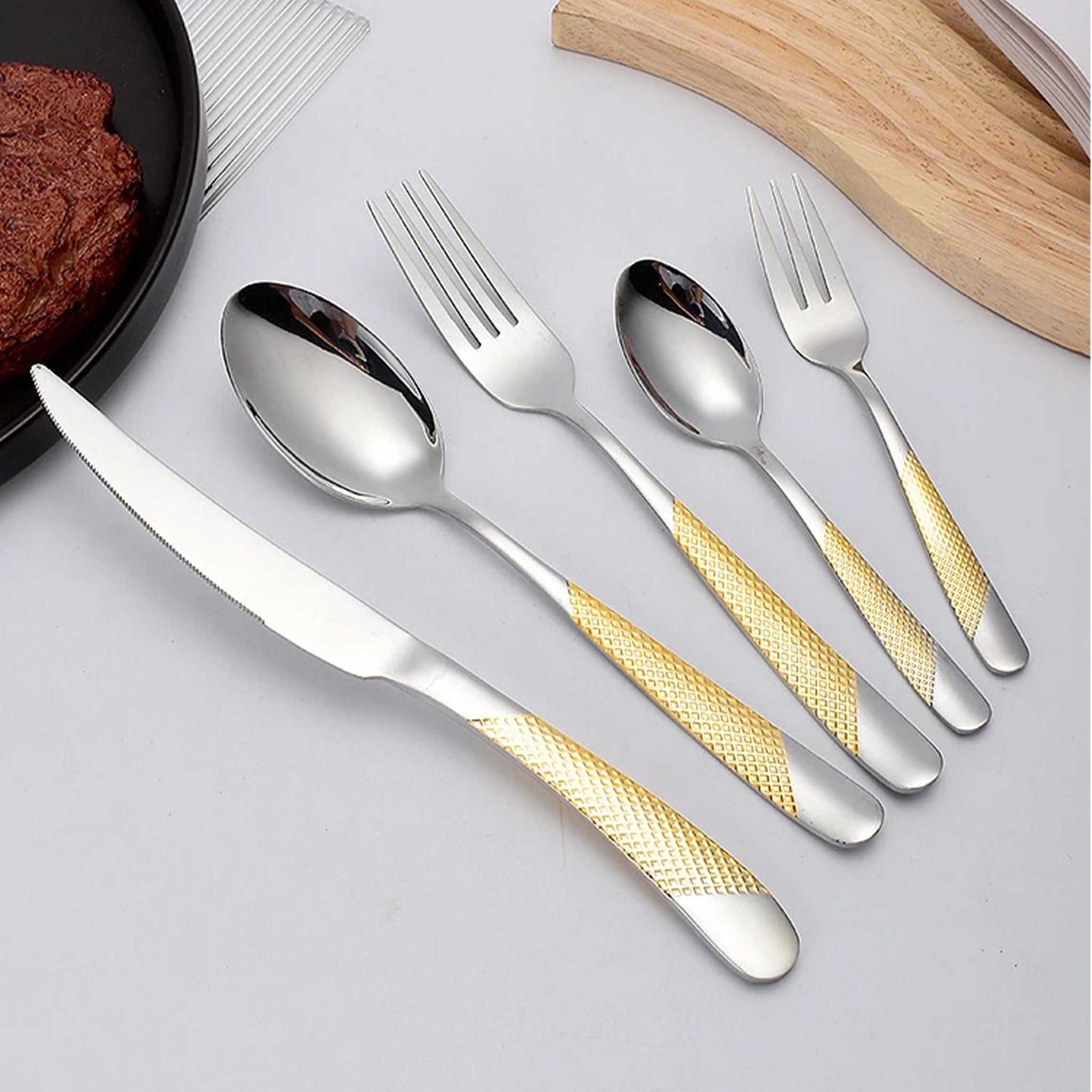 5-Piece Luxury Gold Stainless Steel Cutlery Set – Fork, Spoon & Knife