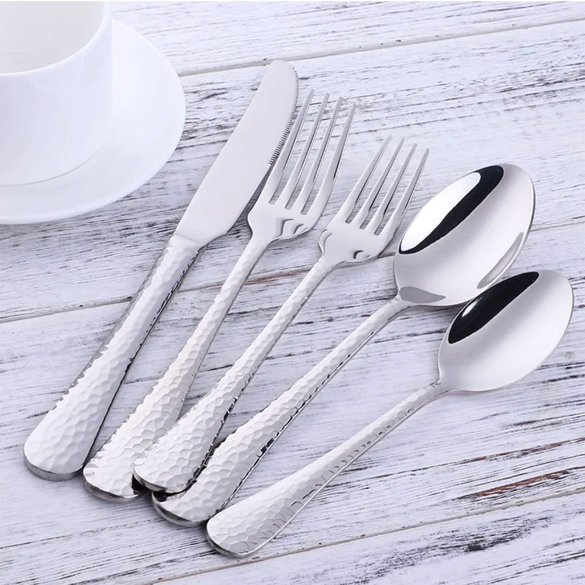 5-Piece Stainless Steel Hammered Cutlery Set – Fork, Knife & Spoon