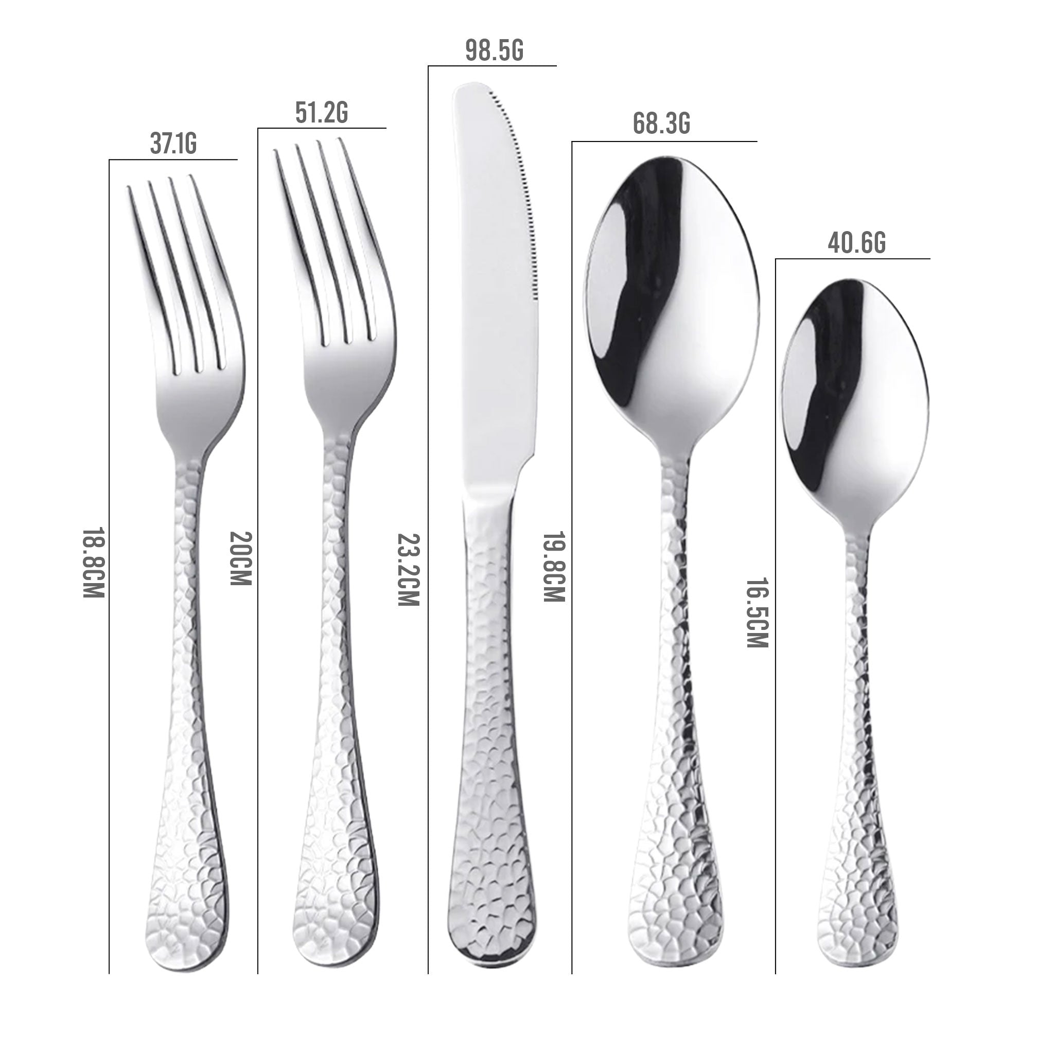 5-Piece Stainless Steel Hammered Cutlery Set – Fork, Knife & Spoon