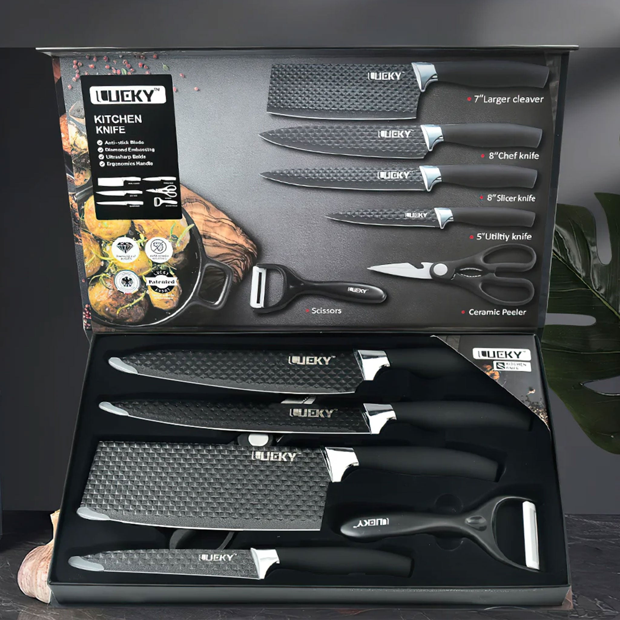 6-Piece Stainless Steel Kitchen Knife Set with Scissors & Peeler – Chef, Cleaver & Utility Knives