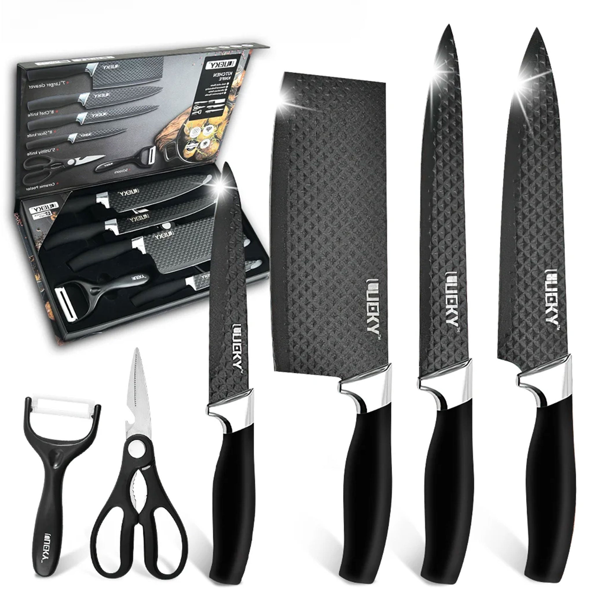 6-Piece Stainless Steel Kitchen Knife Set with Scissors & Peeler – Chef, Cleaver & Utility Knives