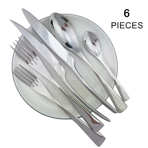 6Pcs Silver Teaspoon Fork Spoon Silverware Flatware Set 304 Stainless Steel Dinnerware Steak Knife Forks Mirror Silver Cutlery wiktra