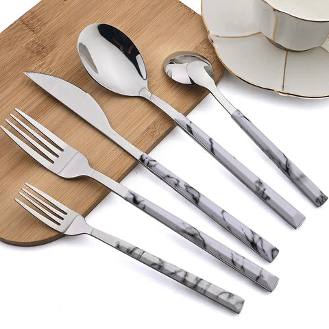 6People Tableware Sets Stainless Steel Flatware Imitation Wooden Handle Cutlery Set Knife Fork Spoon Kitchen Dinnerware Western wiktra