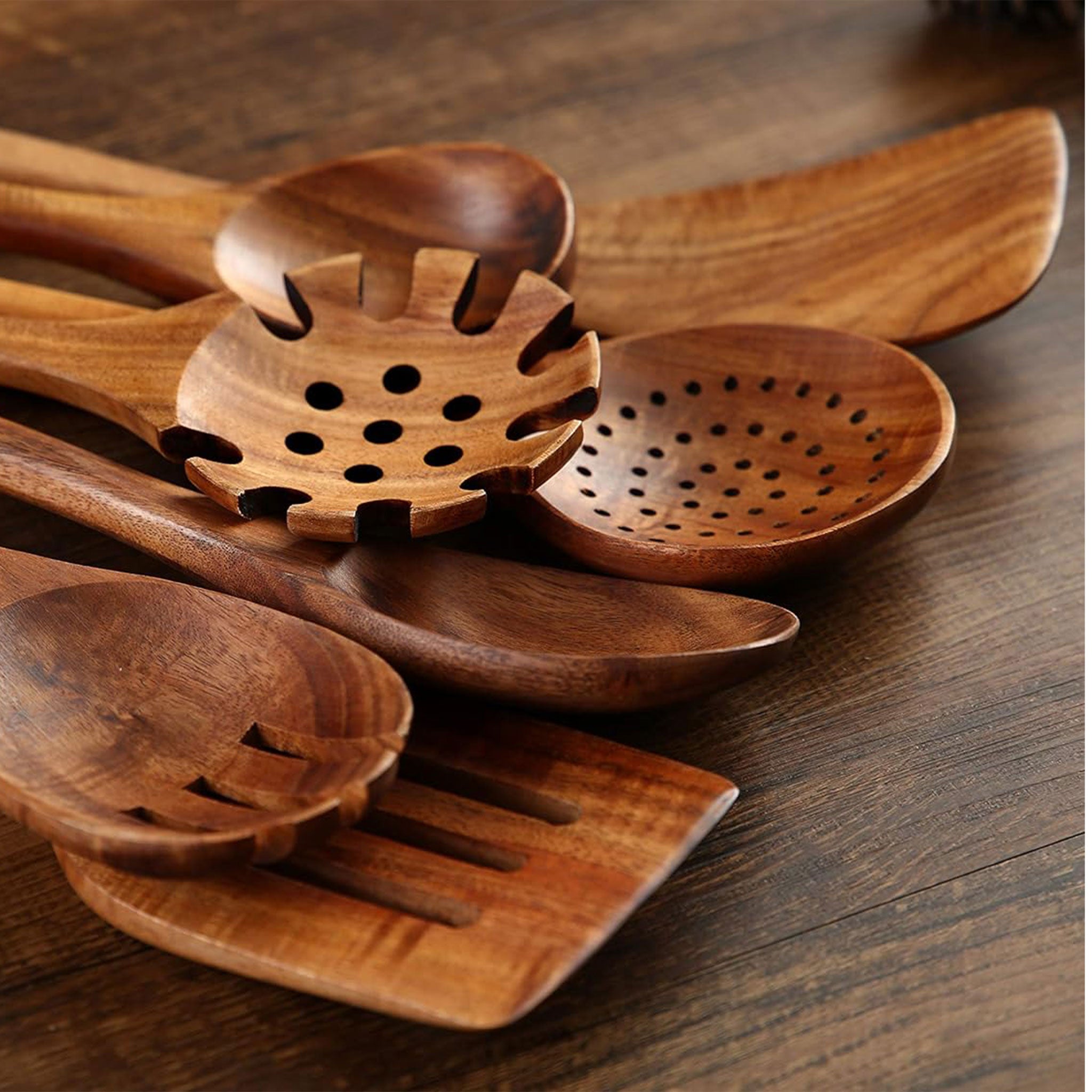 7-Piece Wooden Cooking Spoons for Non-Stick Cookware