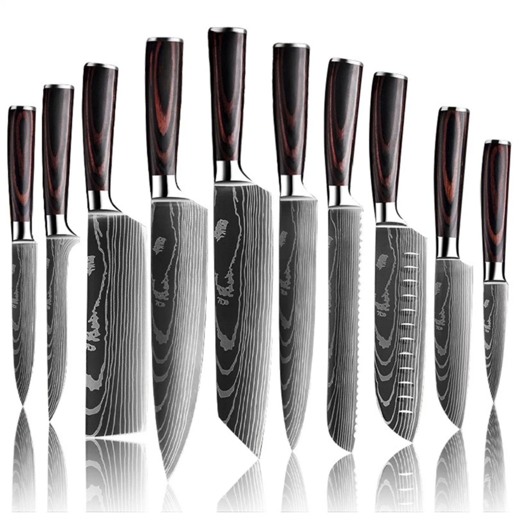 7CR17 Japanese Kitchen Knife Set – Laser Damascus Pattern Chef, Santoku & Utility Knives