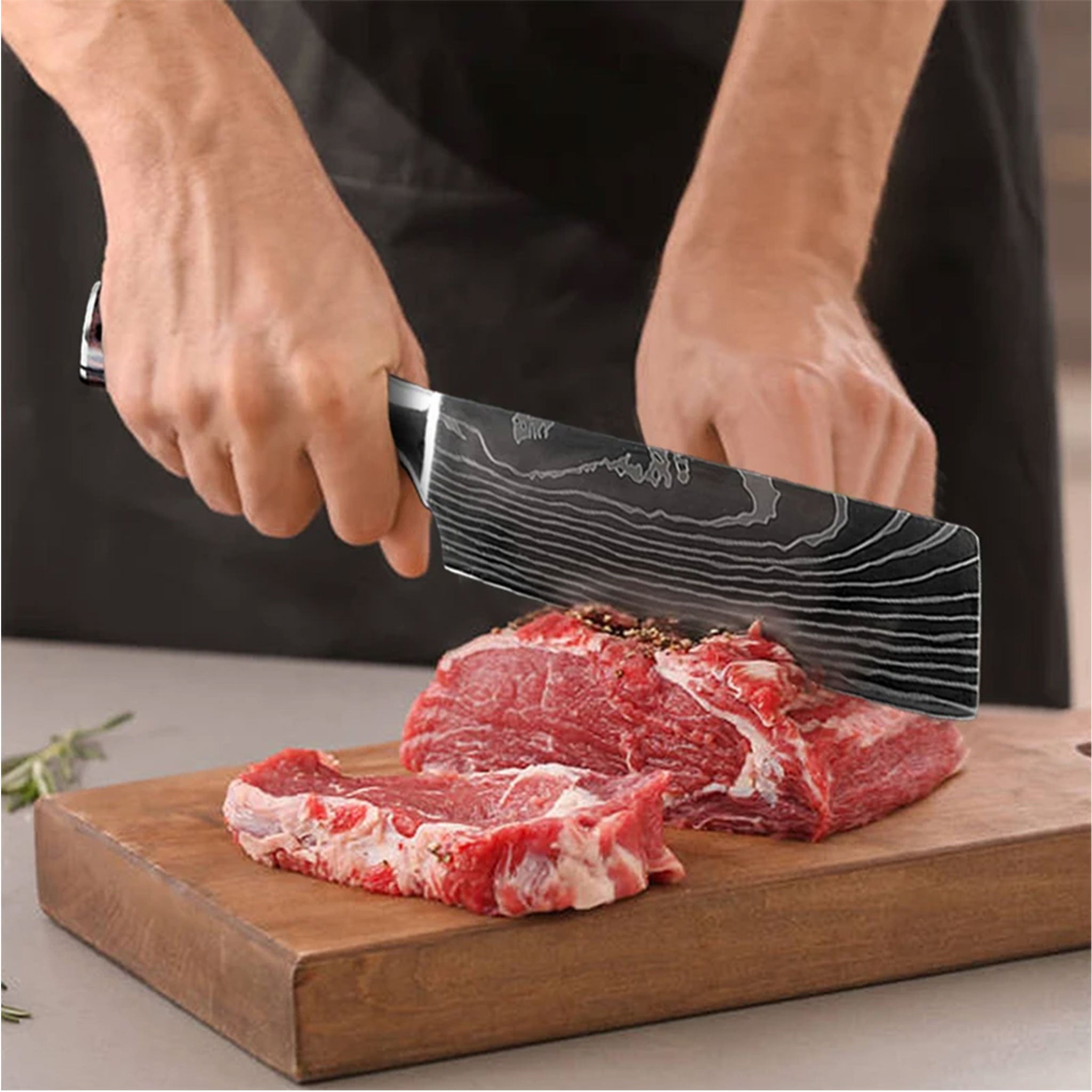 7CR17 Japanese Kitchen Knife Set – Laser Damascus Pattern Chef, Santoku & Utility Knives