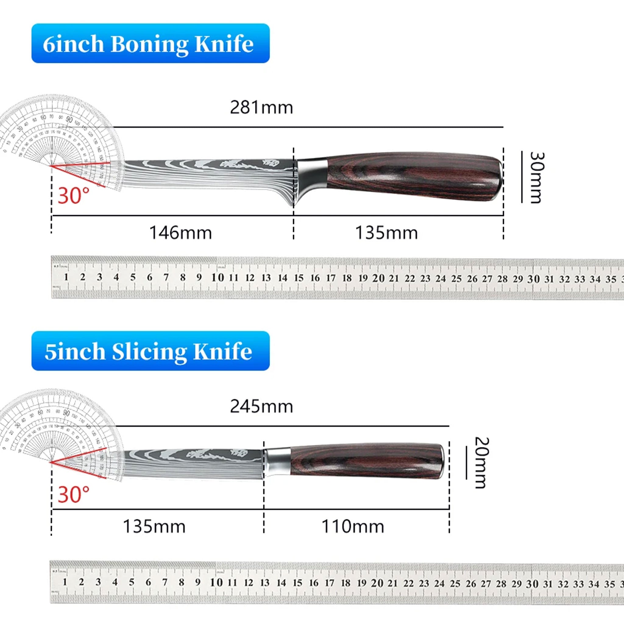 7CR17 Japanese Kitchen Knife Set – Laser Damascus Pattern Chef, Santoku & Utility Knives