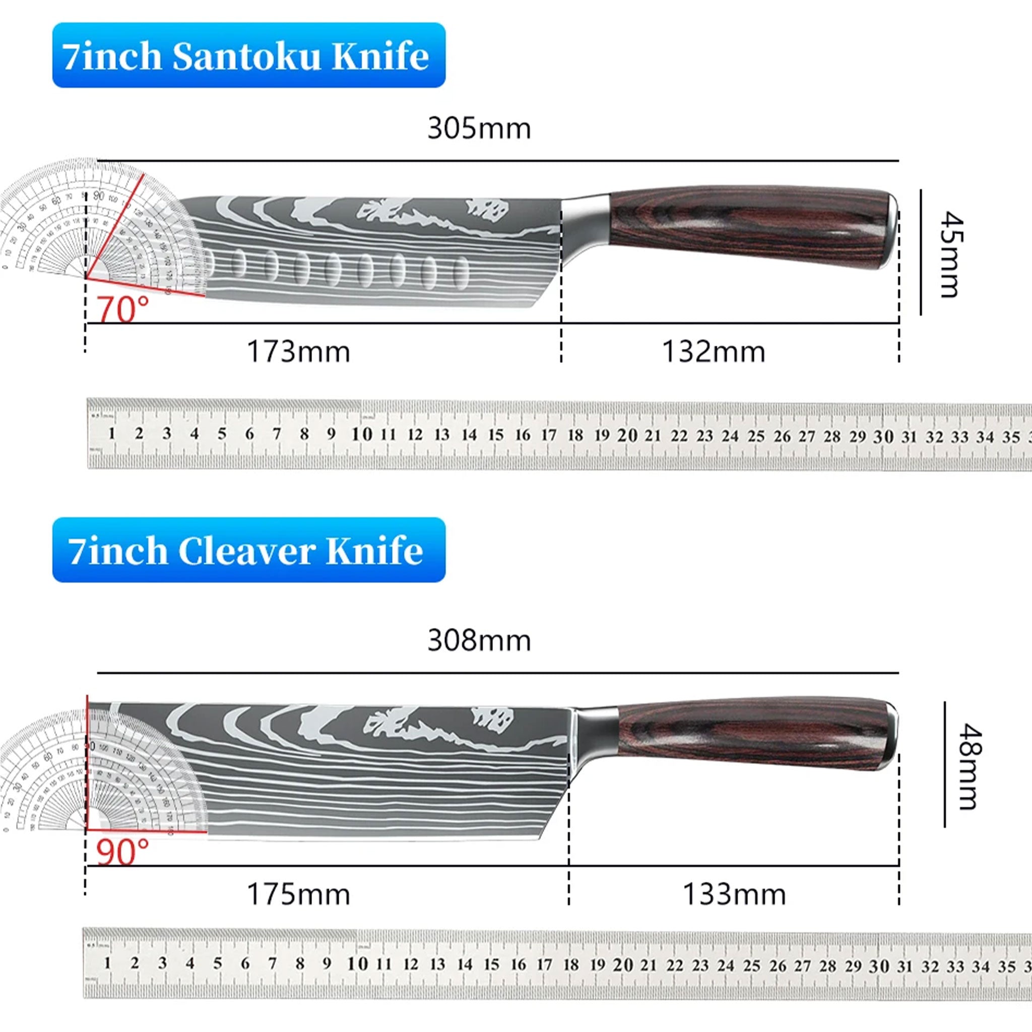 7CR17 Japanese Kitchen Knife Set – Laser Damascus Pattern Chef, Santoku & Utility Knives