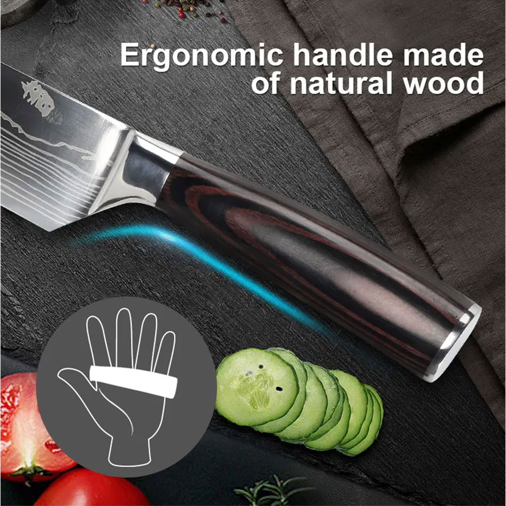 7CR17 Japanese Kitchen Knife Set – Laser Damascus Pattern Chef, Santoku & Utility Knives