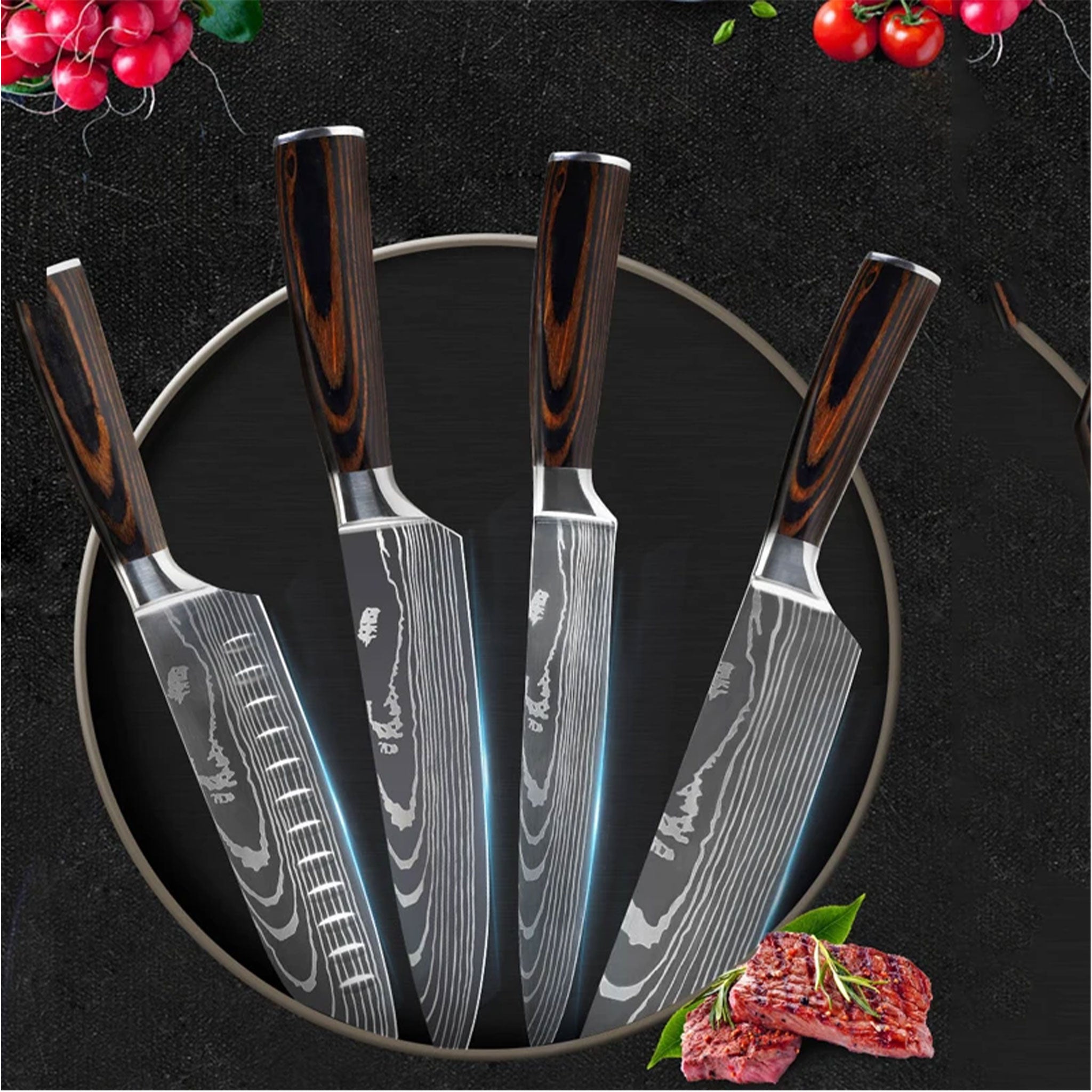 7CR17 Japanese Kitchen Knife Set – Laser Damascus Pattern Chef, Santoku & Utility Knives