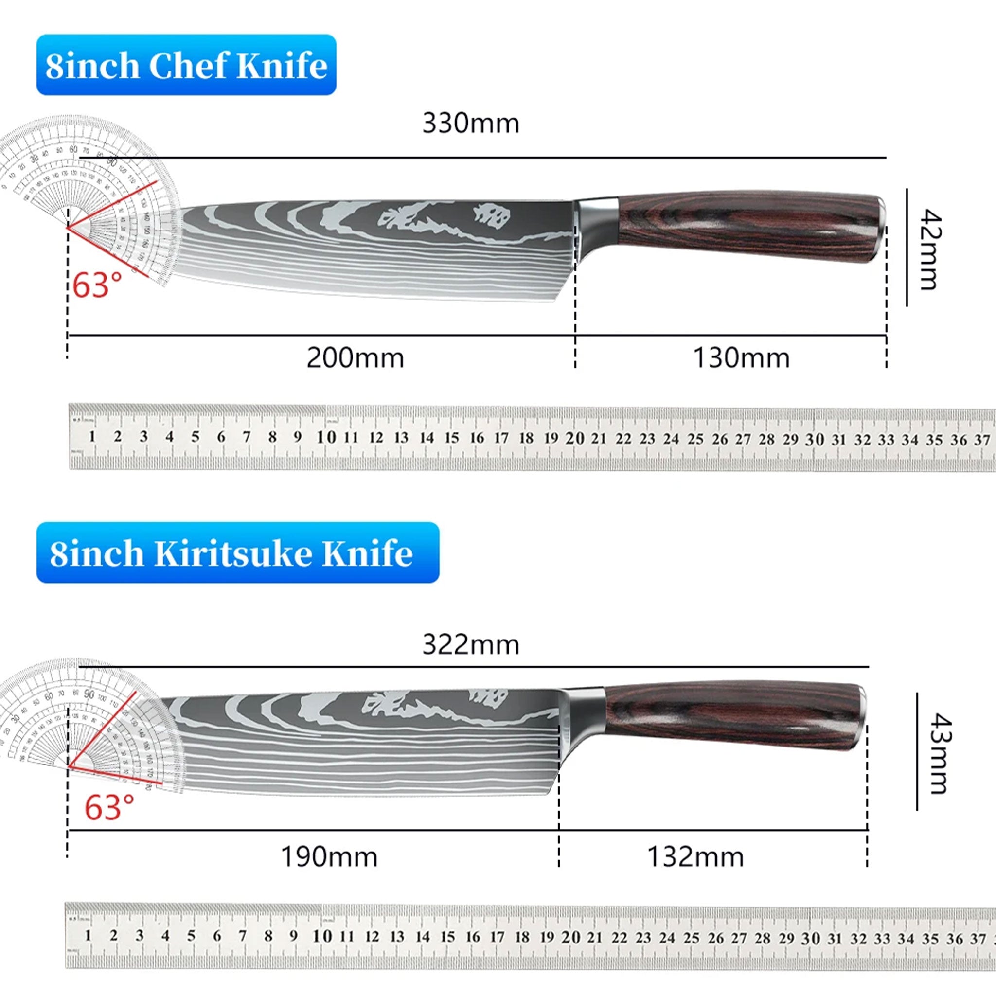 7CR17 Japanese Kitchen Knife Set – Laser Damascus Pattern Chef, Santoku & Utility Knives
