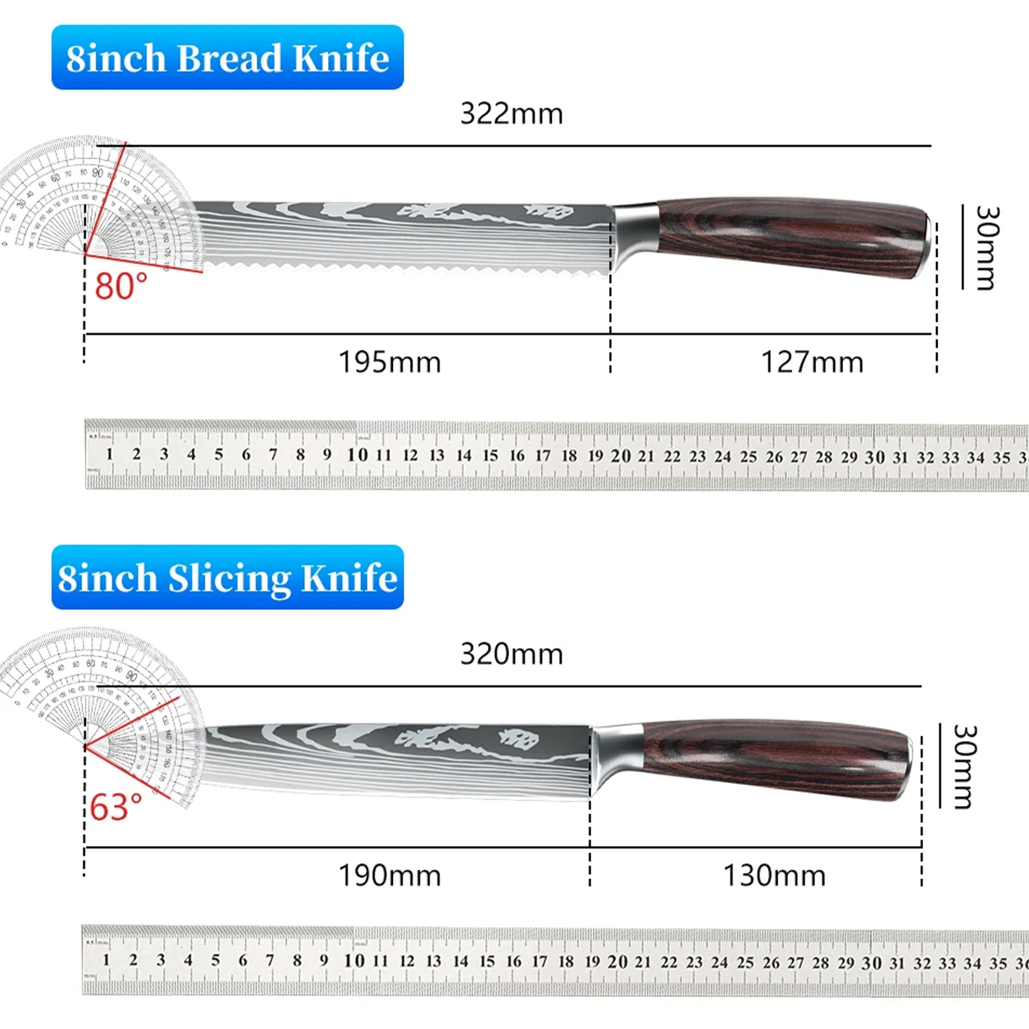 7CR17 Japanese Kitchen Knife Set – Laser Damascus Pattern Chef, Santoku & Utility Knives