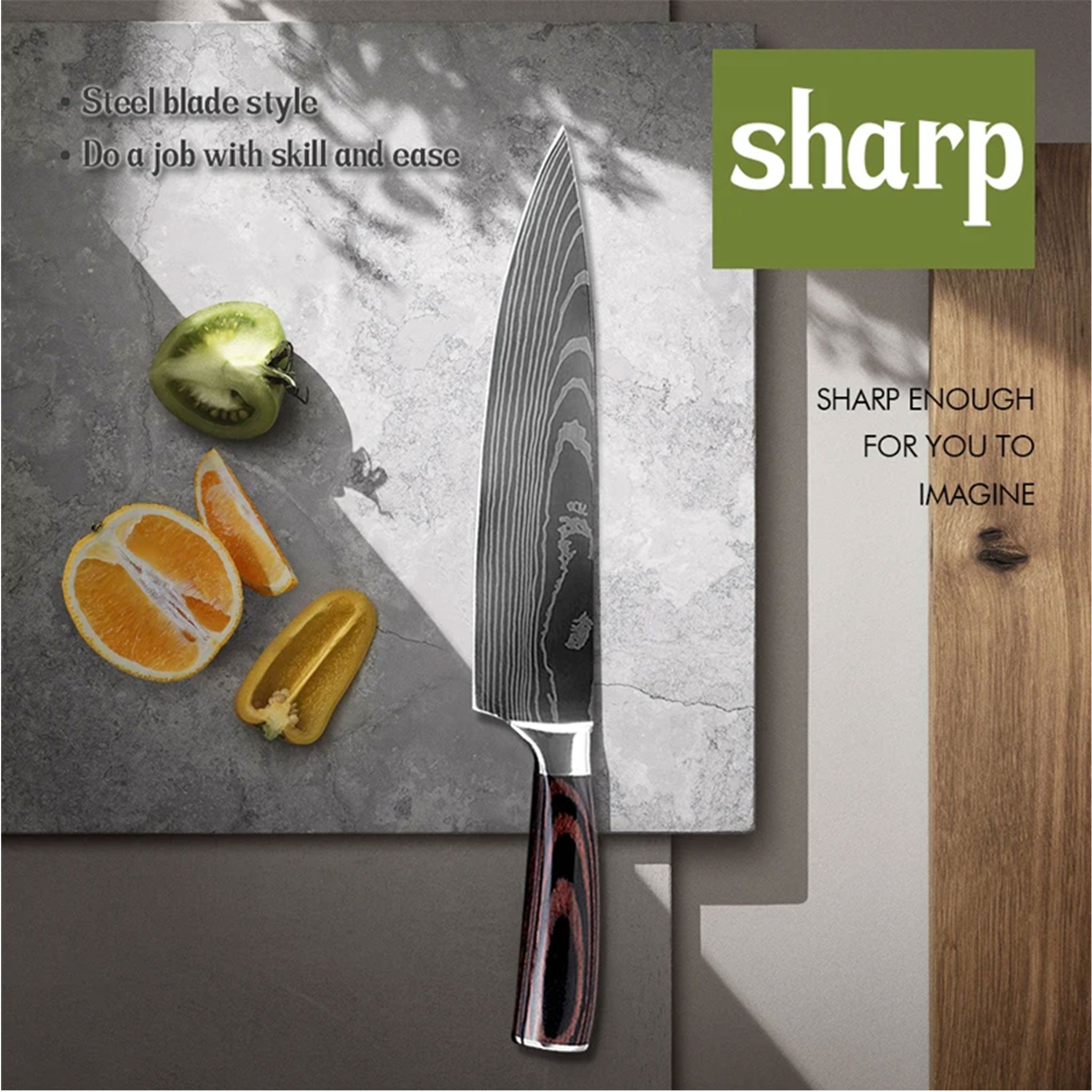 7CR17 Japanese Kitchen Knife Set – Laser Damascus Pattern Chef, Santoku & Utility Knives