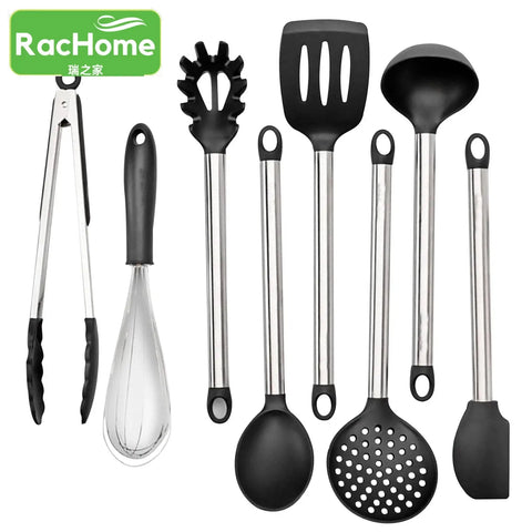 8pcs Kitchen Cooking Utensils Set Black Silicone Cooking Utensils Set Non-stick Baking Tools Turner Spatula Spoon Food Tongs Kit wiktra