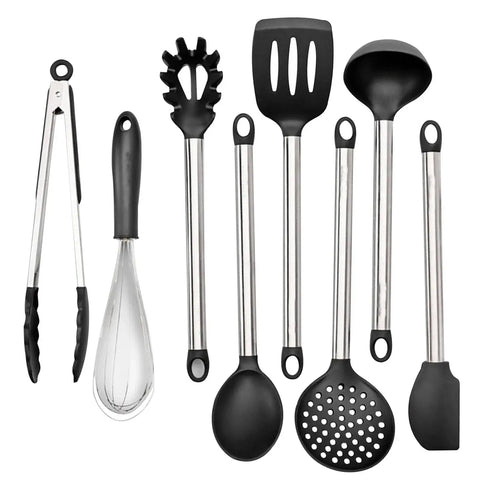 8pcs Kitchen Cooking Utensils Set Black Silicone Cooking Utensils Set Non-stick Baking Tools Turner Spatula Spoon Food Tongs Kit