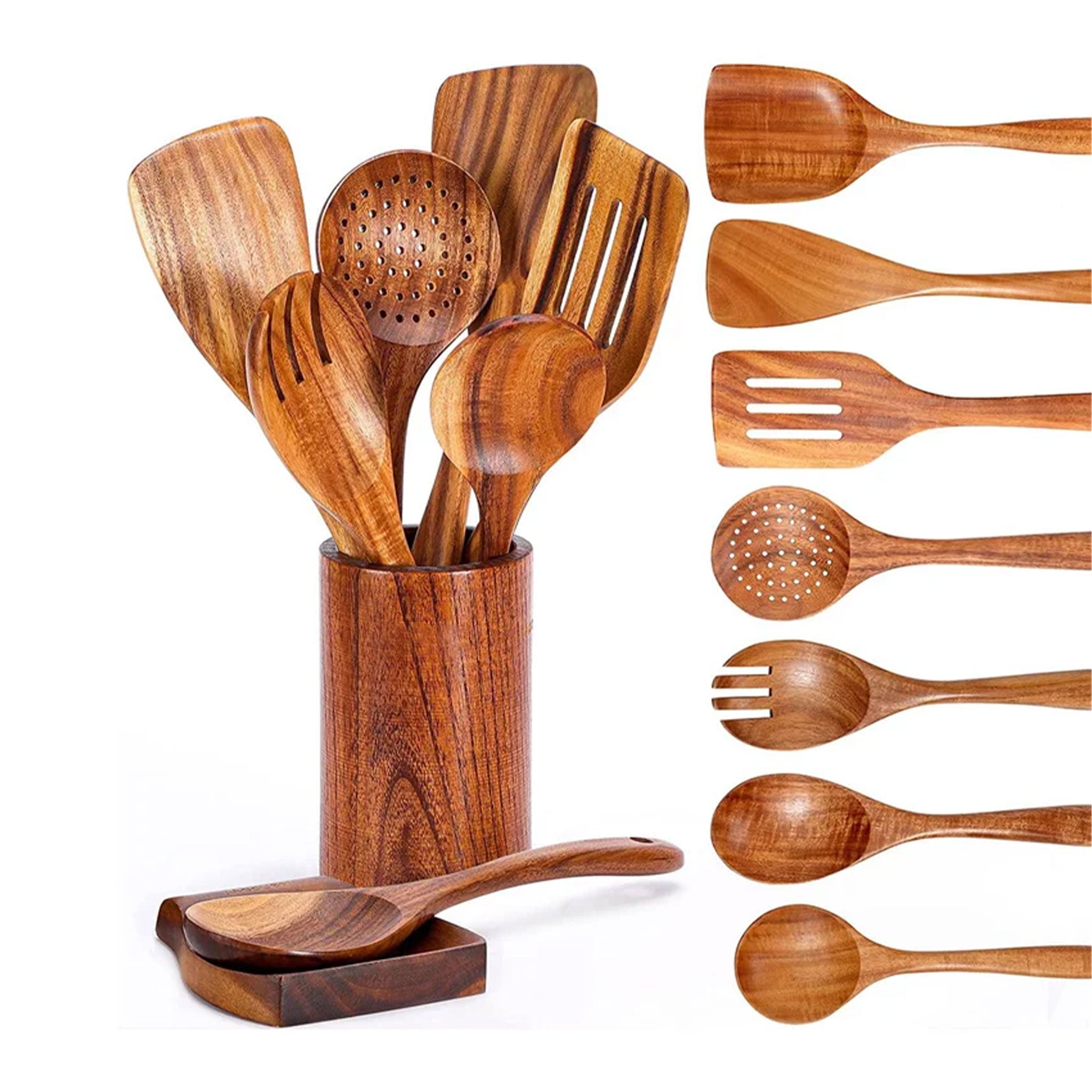 9 PCS Wooden Cooking Spoons & Utensils Set with Stand