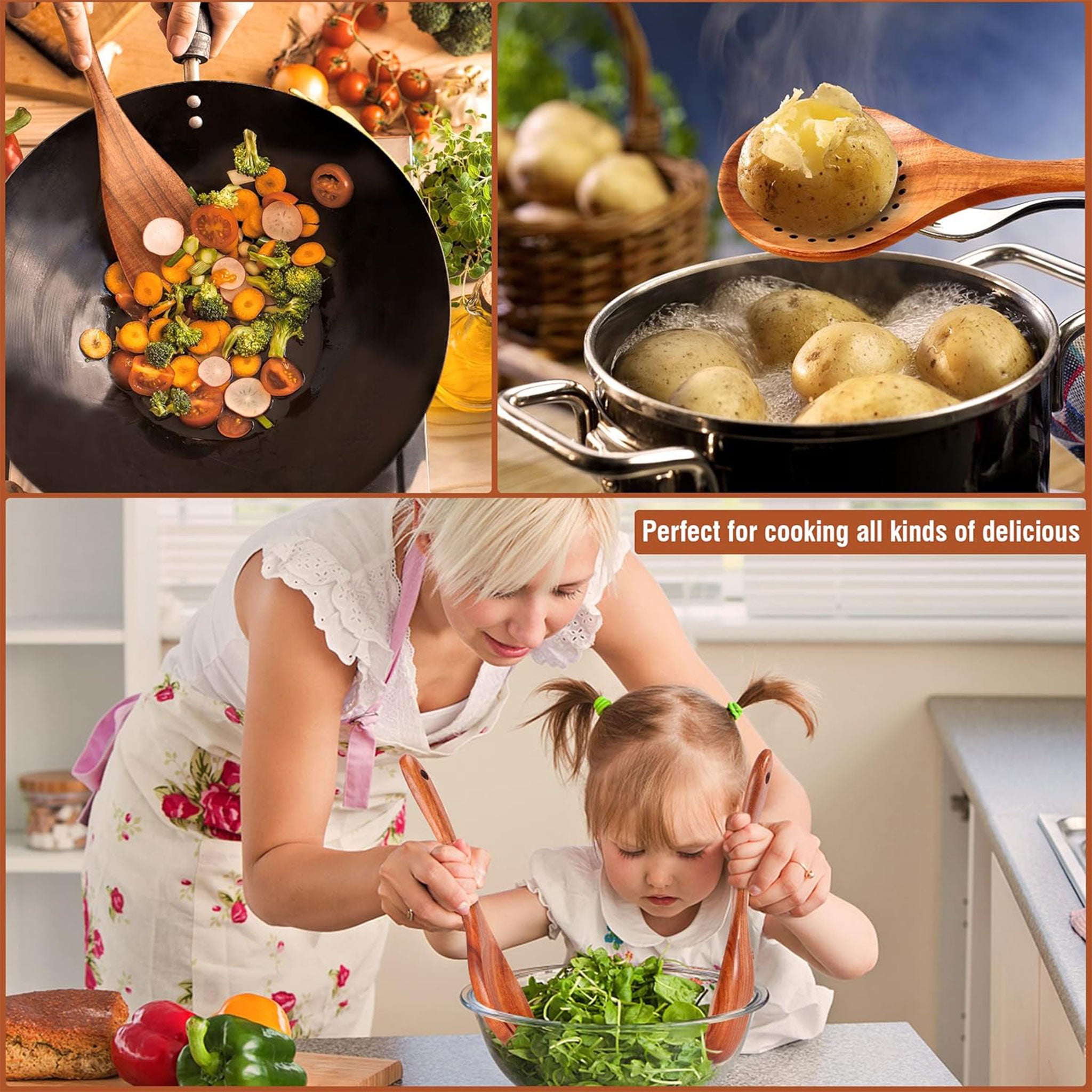 9 PCS Wooden Cooking Spoons & Utensils Set with Stand