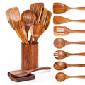 9 PCS Wooden Spoons for Cooking, Wooden Utensils for Cooking with Utensils Holder, Teak Wooden Kitchen Utensils Set wiktra