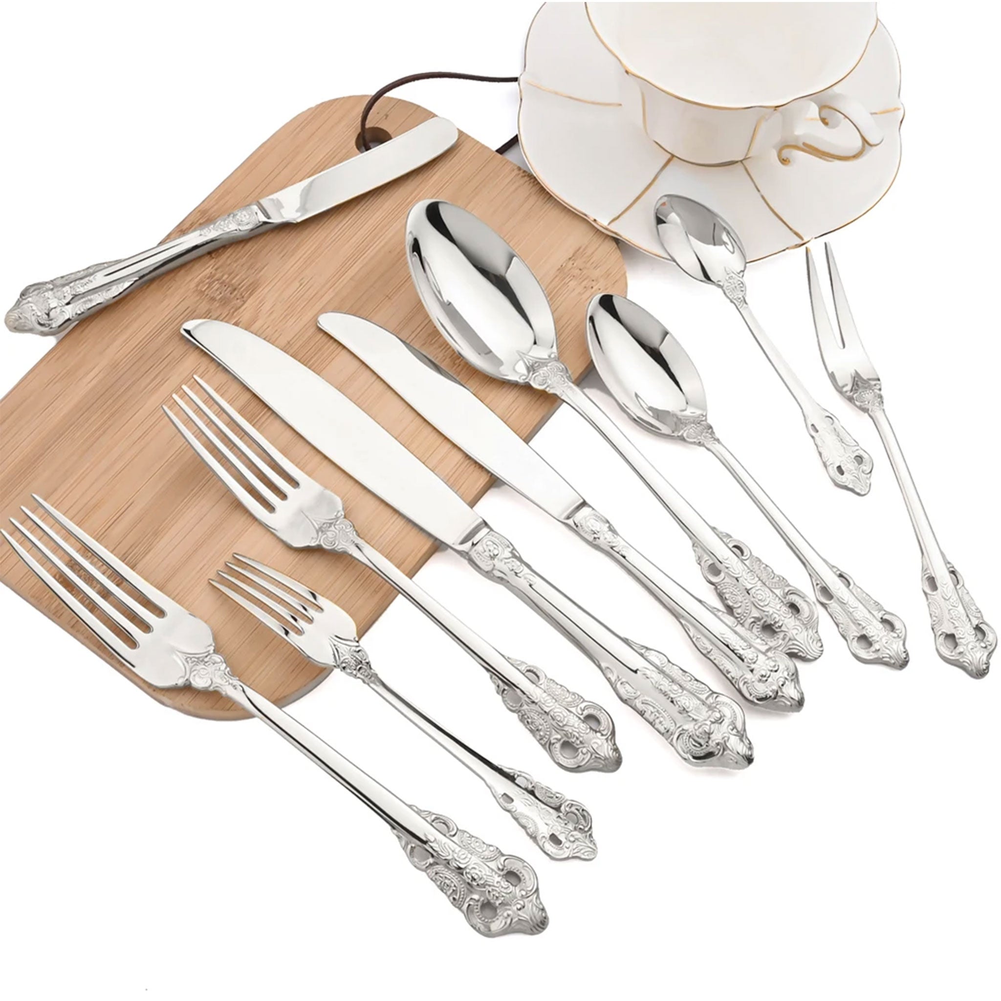 AJOYOUS Stainless Steel Vintage Silver Plated Cutlery Set – Knife, Fork & Spoon