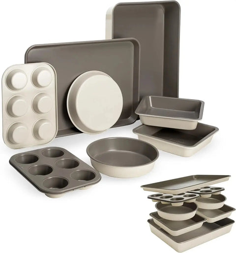 All-In-One Nonstick Bakeware Set, Stackable and Space Saving Design includes Round and Square Pans, Muffin Pans