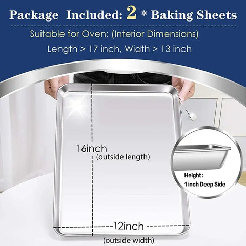 Baking Cookie Sheet Set Of 2, Stainless Steel Baking Sheets Pan Oven Tray, 16X12x1inch, Mirror Finished & Easy Clean wiktra