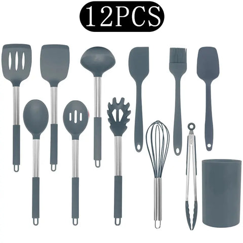 Black Non-stick Silicone Kitchenware Cooking Utensils Set Cookware Spatula Egg Beaters Stainless Steel Handle Kitchen Tool Set