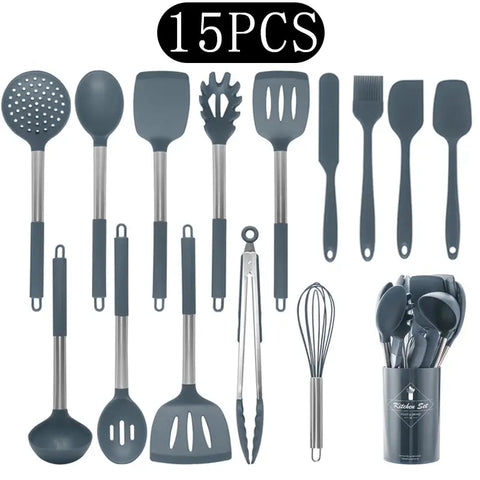 Black Non-stick Silicone Kitchenware Cooking Utensils Set Cookware Spatula Egg Beaters Stainless Steel Handle Kitchen Tool Set