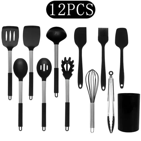 Black Non-stick Silicone Kitchenware Cooking Utensils Set Cookware Spatula Egg Beaters Stainless Steel Handle Kitchen Tool Set