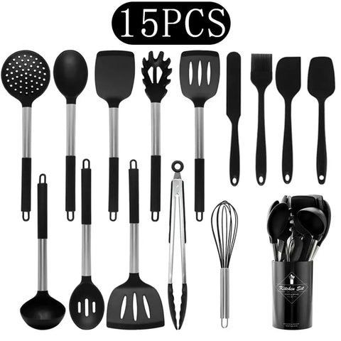 Black Non-stick Silicone Kitchenware Cooking Utensils Set Cookware Spatula Egg Beaters Stainless Steel Handle Kitchen Tool Set