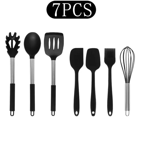 Black Non-stick Silicone Kitchenware Cooking Utensils Set Cookware Spatula Egg Beaters Stainless Steel Handle Kitchen Tool Set