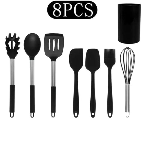 Black Non-stick Silicone Kitchenware Cooking Utensils Set Cookware Spatula Egg Beaters Stainless Steel Handle Kitchen Tool Set