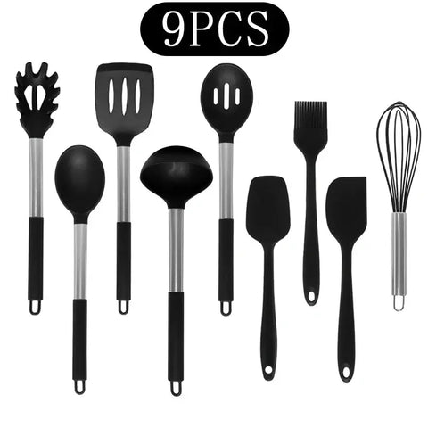 Black Non-stick Silicone Kitchenware Cooking Utensils Set Cookware Spatula Egg Beaters Stainless Steel Handle Kitchen Tool Set