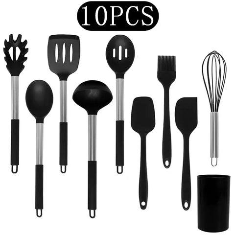 Black Non-stick Silicone Kitchenware Cooking Utensils Set Cookware Spatula Egg Beaters Stainless Steel Handle Kitchen Tool Set