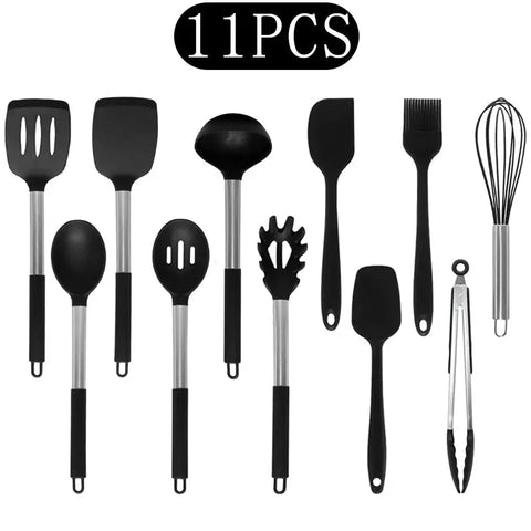 Black Non-stick Silicone Kitchenware Cooking Utensils Set Cookware Spatula Egg Beaters Stainless Steel Handle Kitchen Tool Set