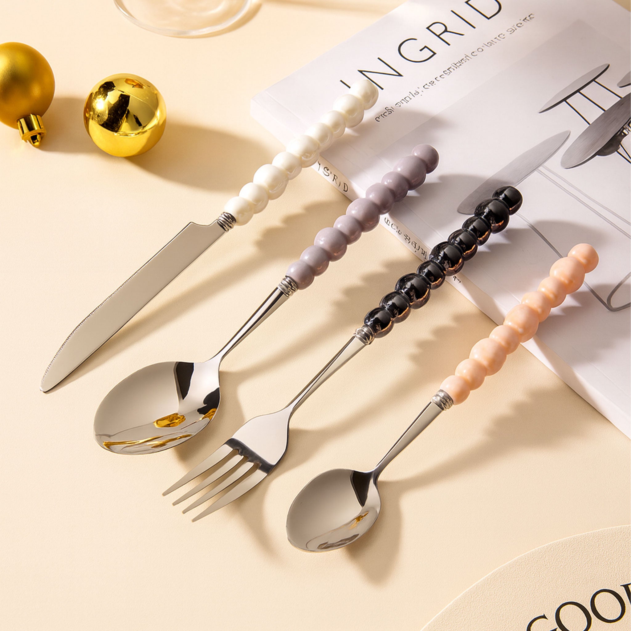 Ceramic Pearl Handle Cutlery Set – Knife, Fork & Spoons