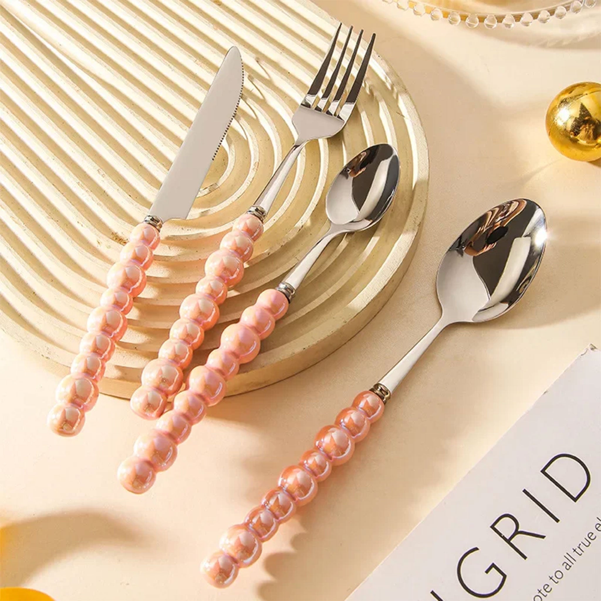 Ceramic Pearl Handle Cutlery Set – Knife, Fork & Spoons
