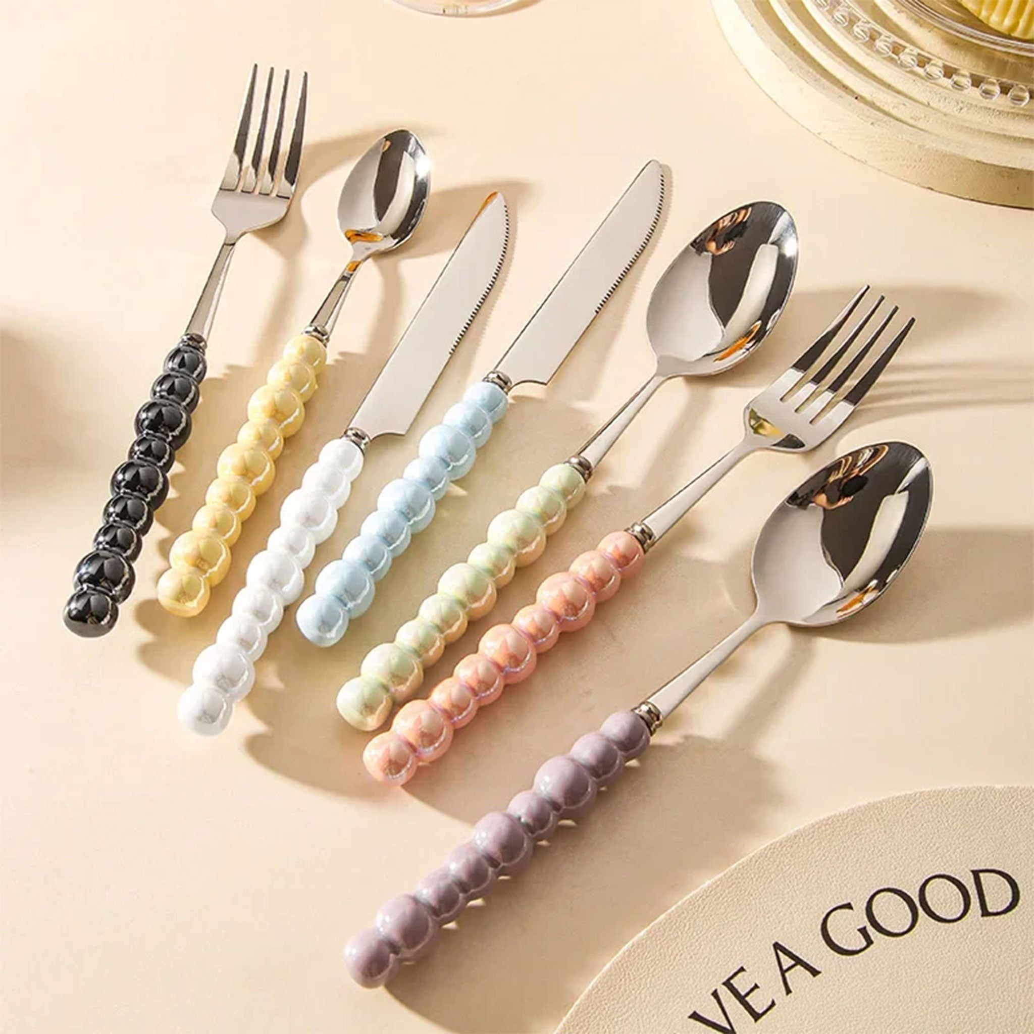 Ceramic Pearl Handle Cutlery Set – Knife, Fork & Spoons