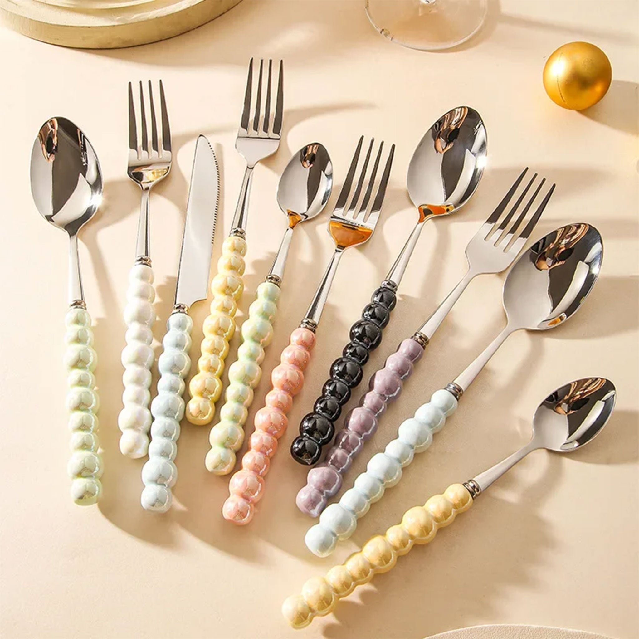 Ceramic Pearl Handle Cutlery Set – Knife, Fork & Spoons