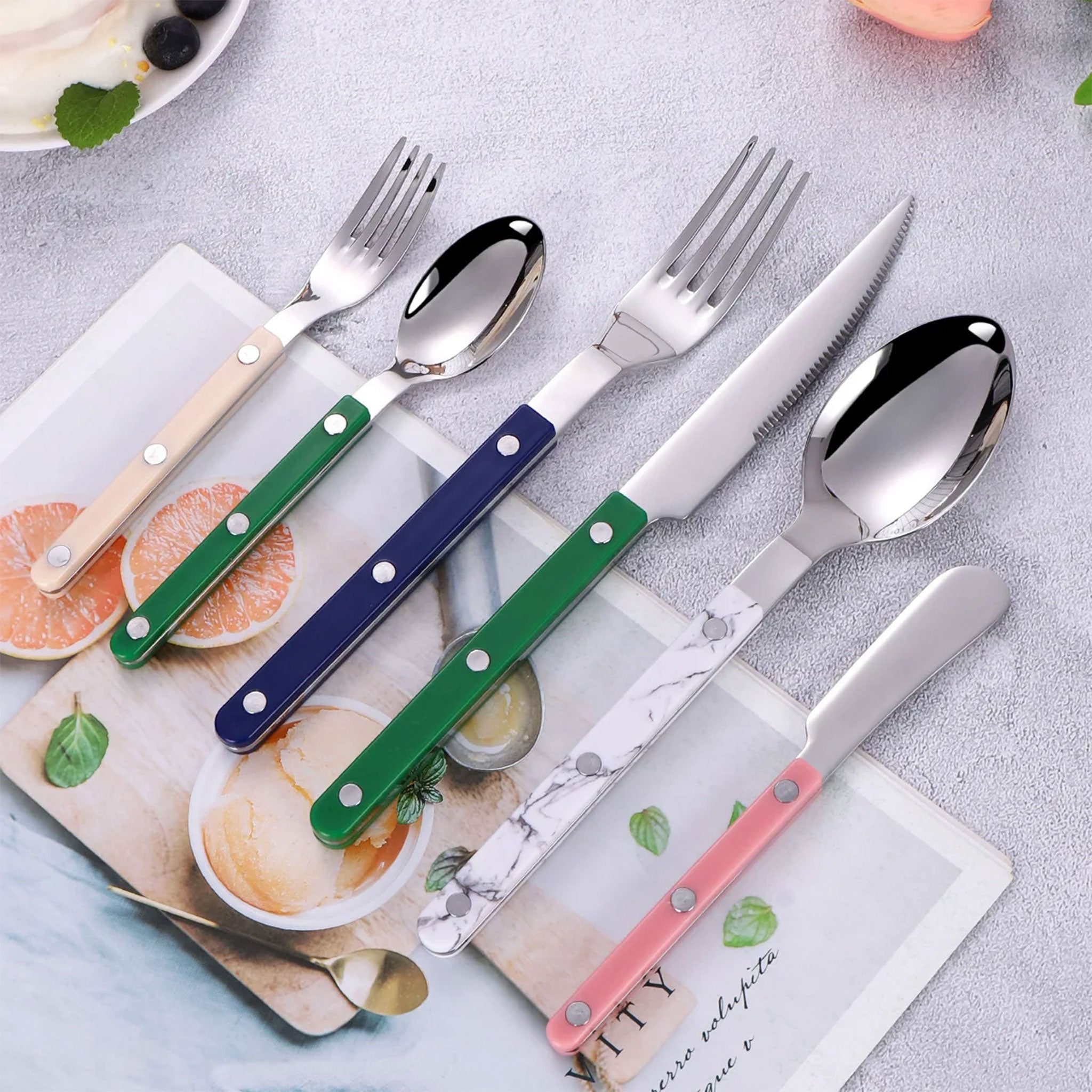 Colorful Handle 304 Stainless Steel Cutlery Set – Knife, Fork & Spoon