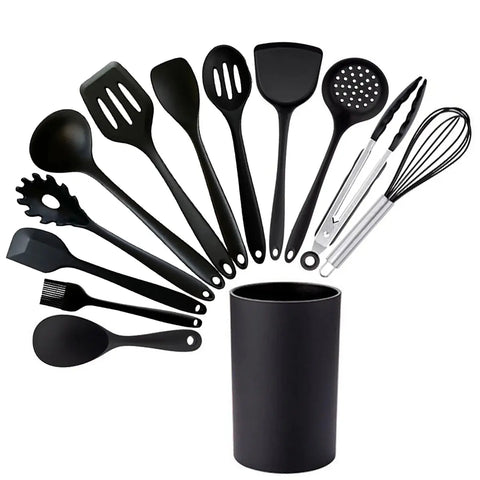 Cooking Kitchenware Silicone Utensils Set Black Non-Stick Cookware Spatula Ladle Egg Beaters Shovel Kitchen Tool Accessories wiktra