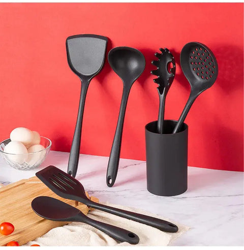 Cooking Kitchenware Silicone Utensils Set Black Non-Stick Cookware Spatula Ladle Egg Beaters Shovel Kitchen Tool Accessories wiktra