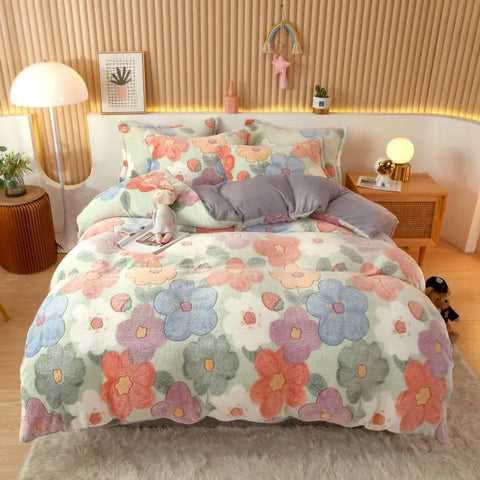 Coral Fleece Duvet Cover Sheet Flannel Pillowcase wiktra