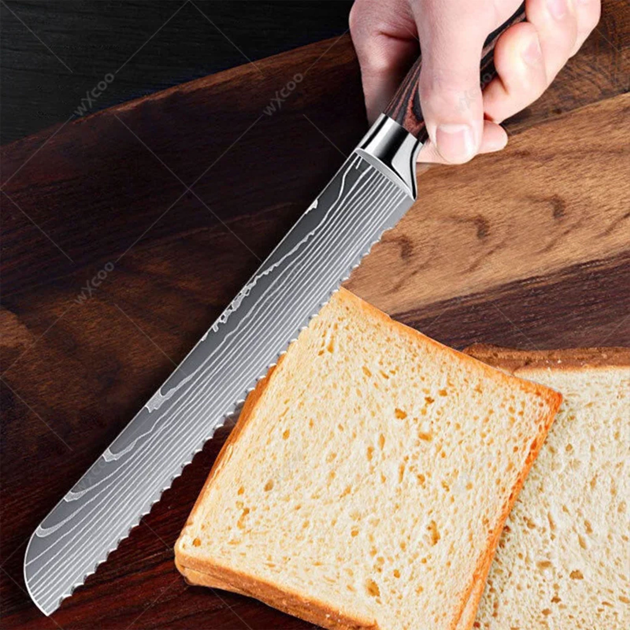 Damascus Laser Pattern Japanese Kitchen Knife Set – Chef & Santoku with Wooden Handles