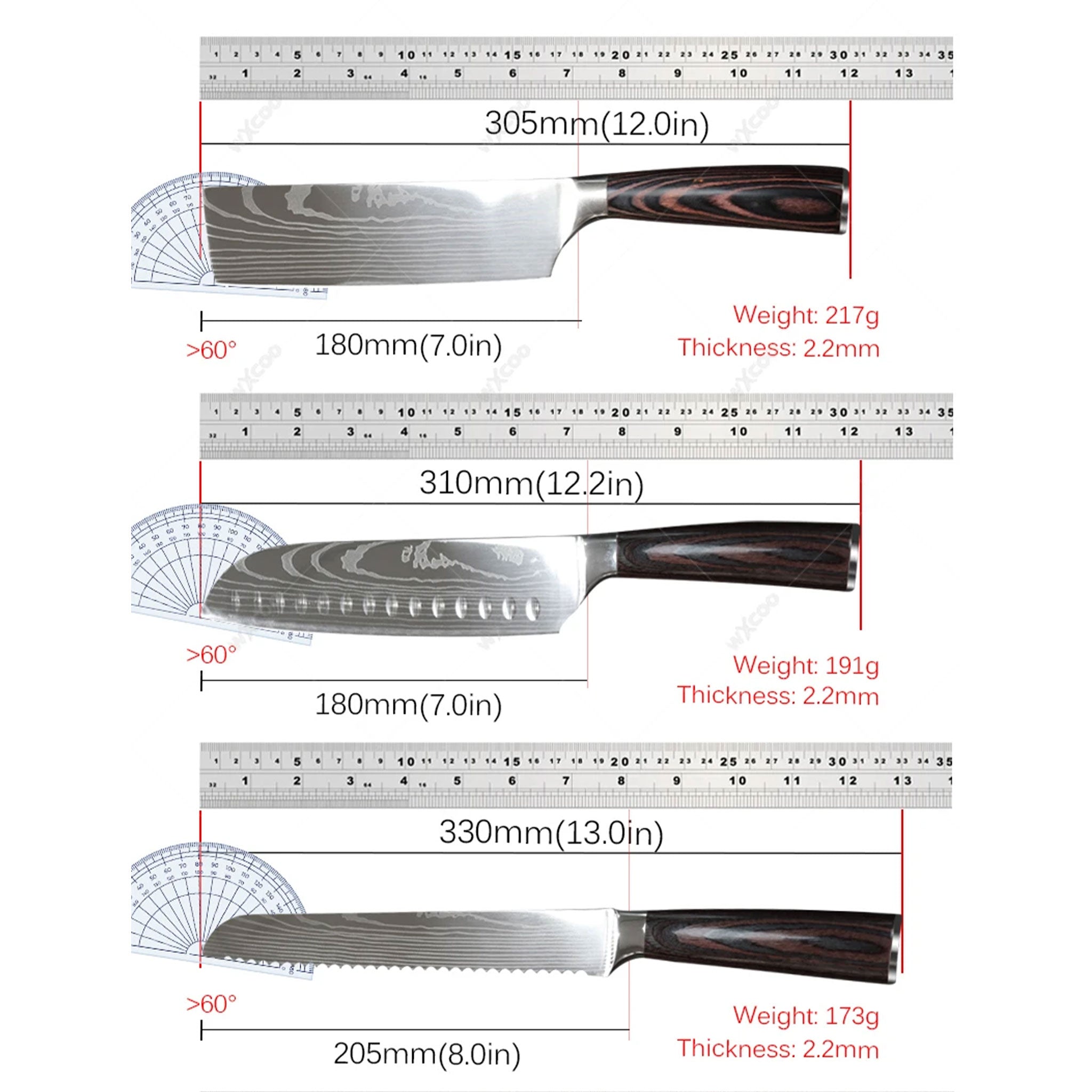 Damascus Laser Pattern Japanese Kitchen Knife Set – Chef & Santoku with Wooden Handles