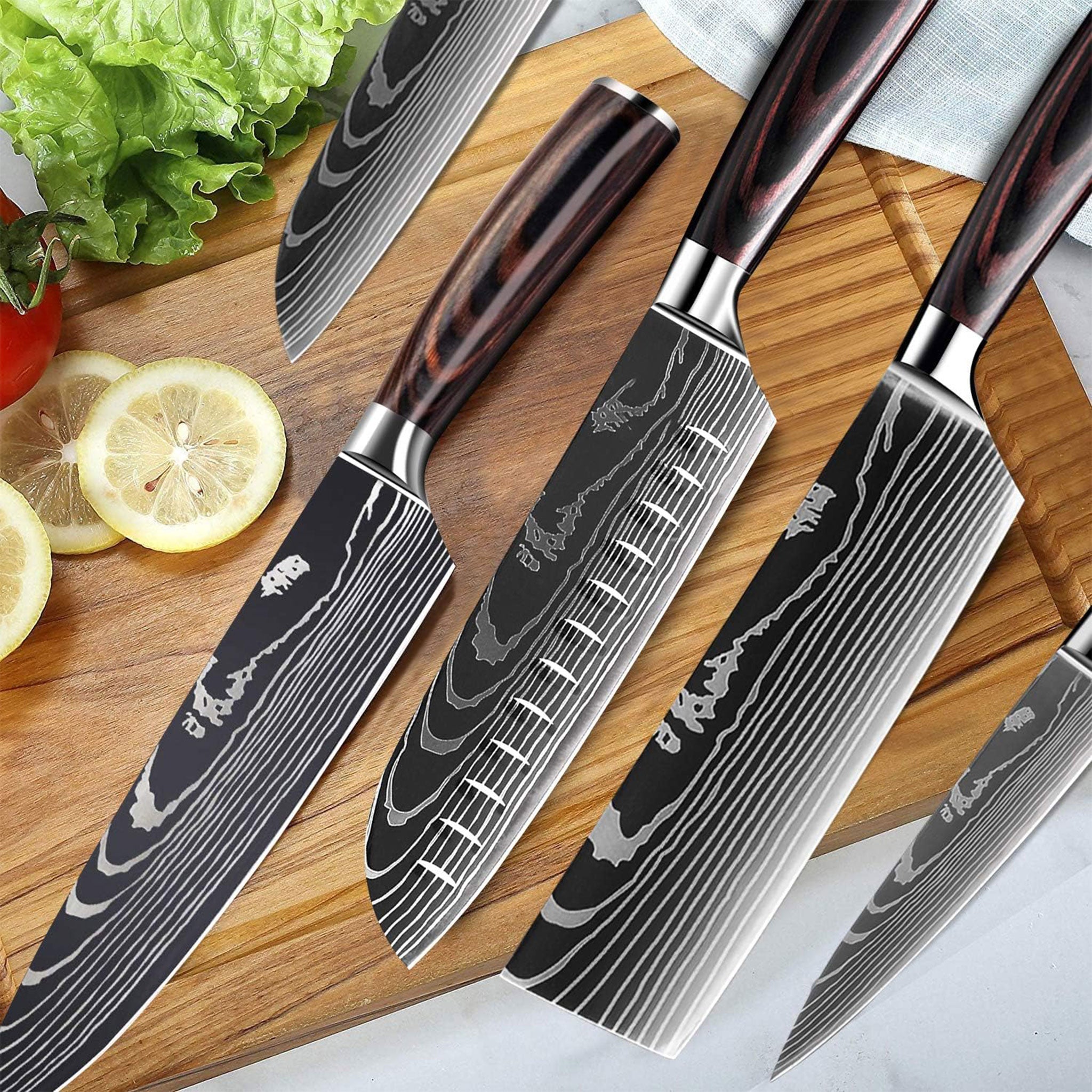 Damascus Laser Pattern Japanese Kitchen Knife Set – Chef & Santoku with Wooden Handles