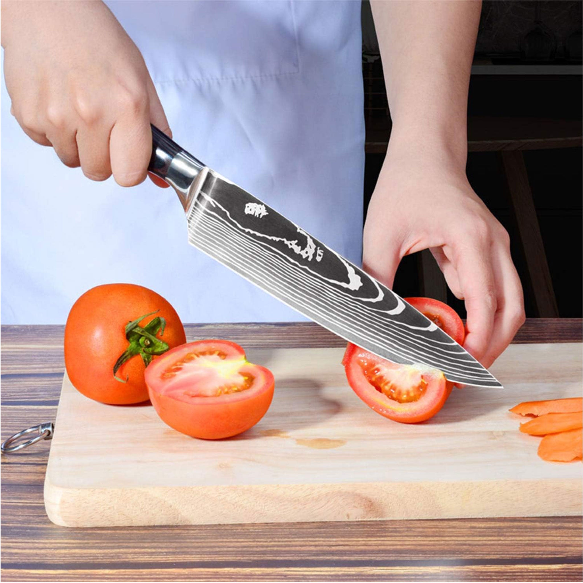 Damascus Laser Pattern Japanese Kitchen Knife Set – Chef & Santoku with Wooden Handles