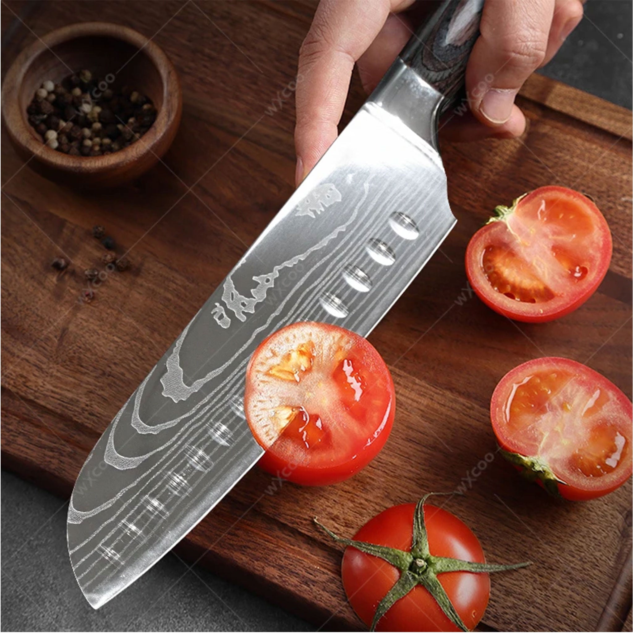 Damascus Laser Pattern Japanese Kitchen Knife Set – Chef & Santoku with Wooden Handles